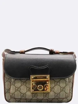 658487 GG Logo Supreme Canvas Burnt Brown Black Leather Trim Paddle Lock Mini Tote Bag Shoulder Strap 2WAY