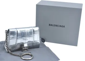 Authentic BALENCIAGA Hourglass Wallet Pouch Leather 656051 Silver Box 5381J