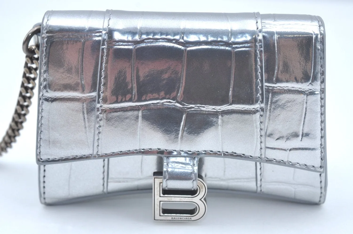 Authentic BALENCIAGA Hourglass Wallet Pouch Leather 656051 Silver Box 5381J