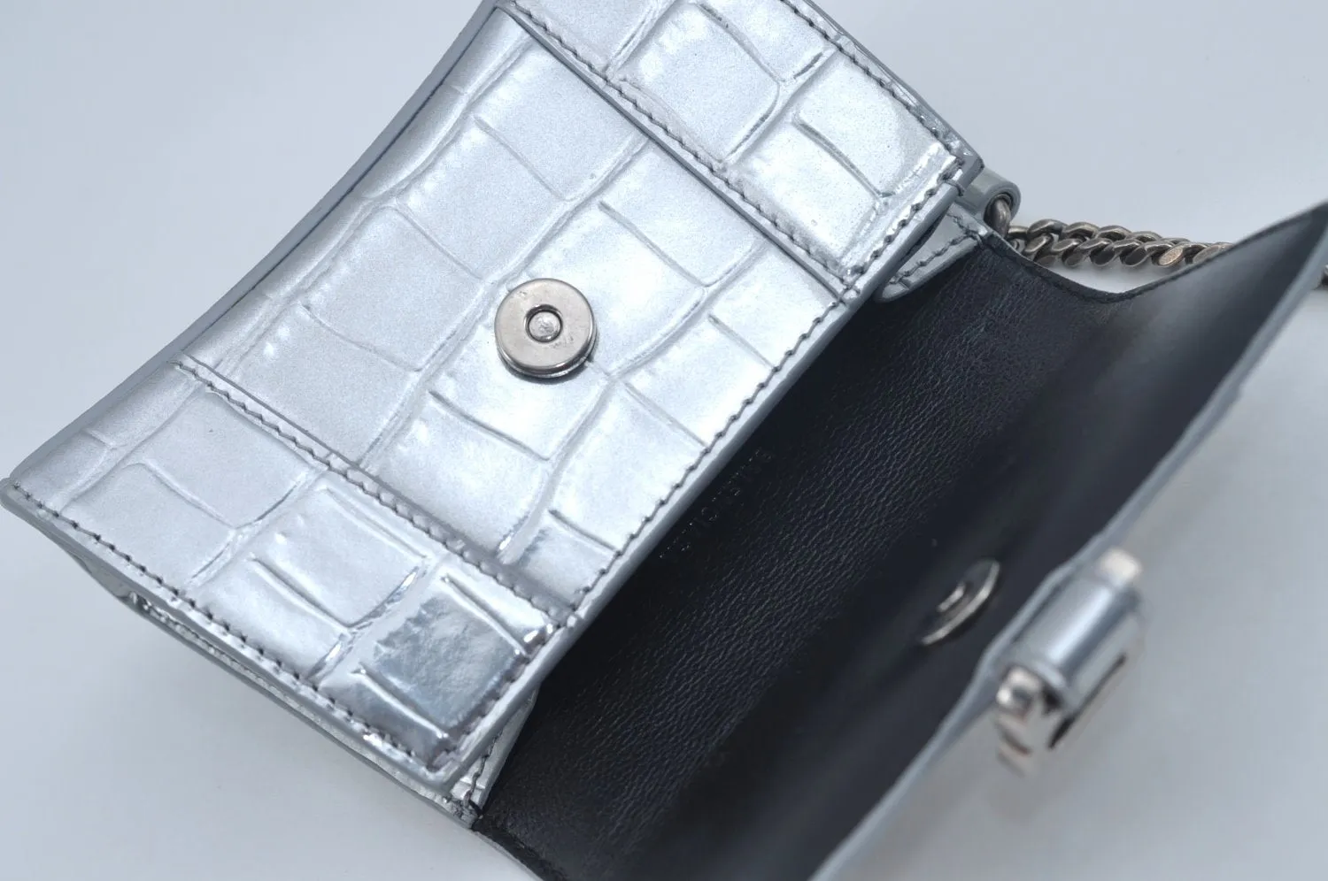 Authentic BALENCIAGA Hourglass Wallet Pouch Leather 656051 Silver Box 5381J