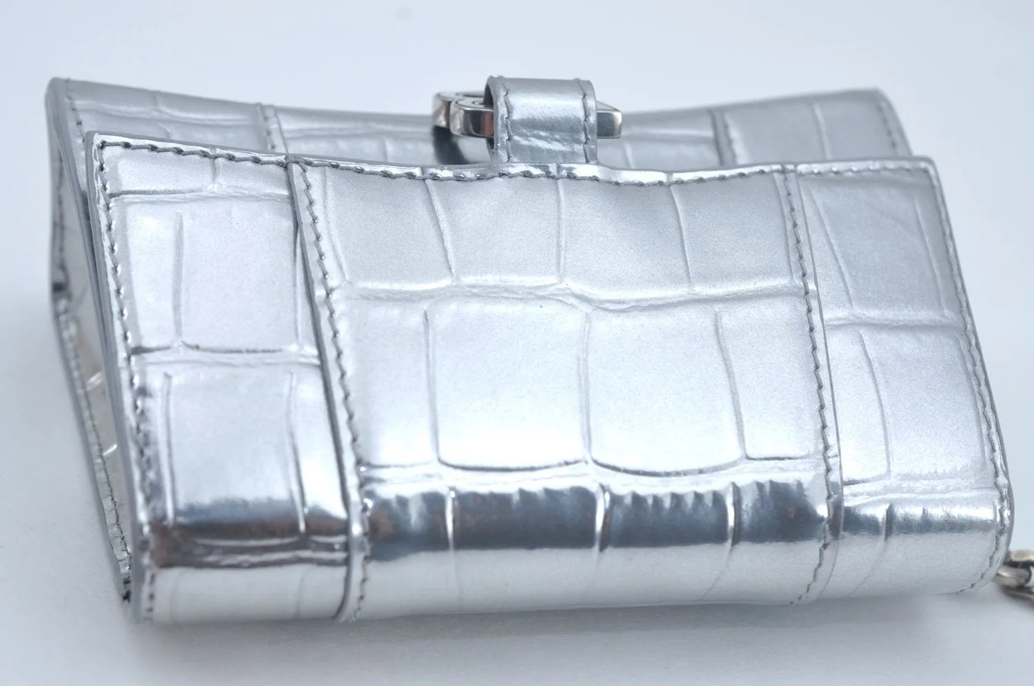 Authentic BALENCIAGA Hourglass Wallet Pouch Leather 656051 Silver Box 5381J