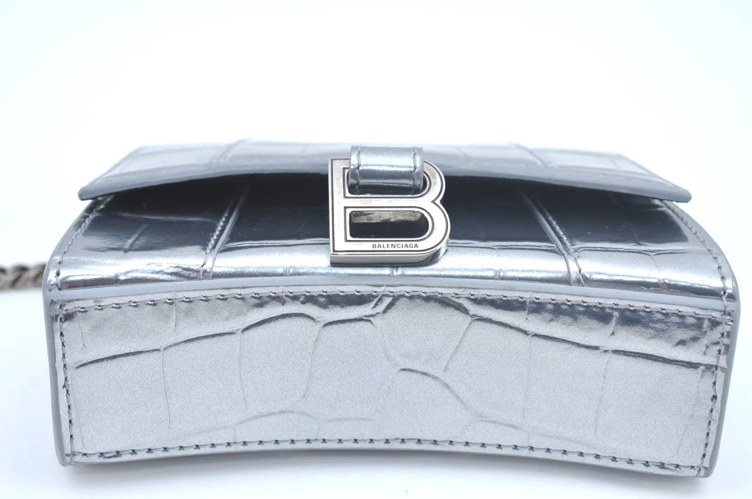 Authentic BALENCIAGA Hourglass Wallet Pouch Leather 656051 Silver Box 5381J