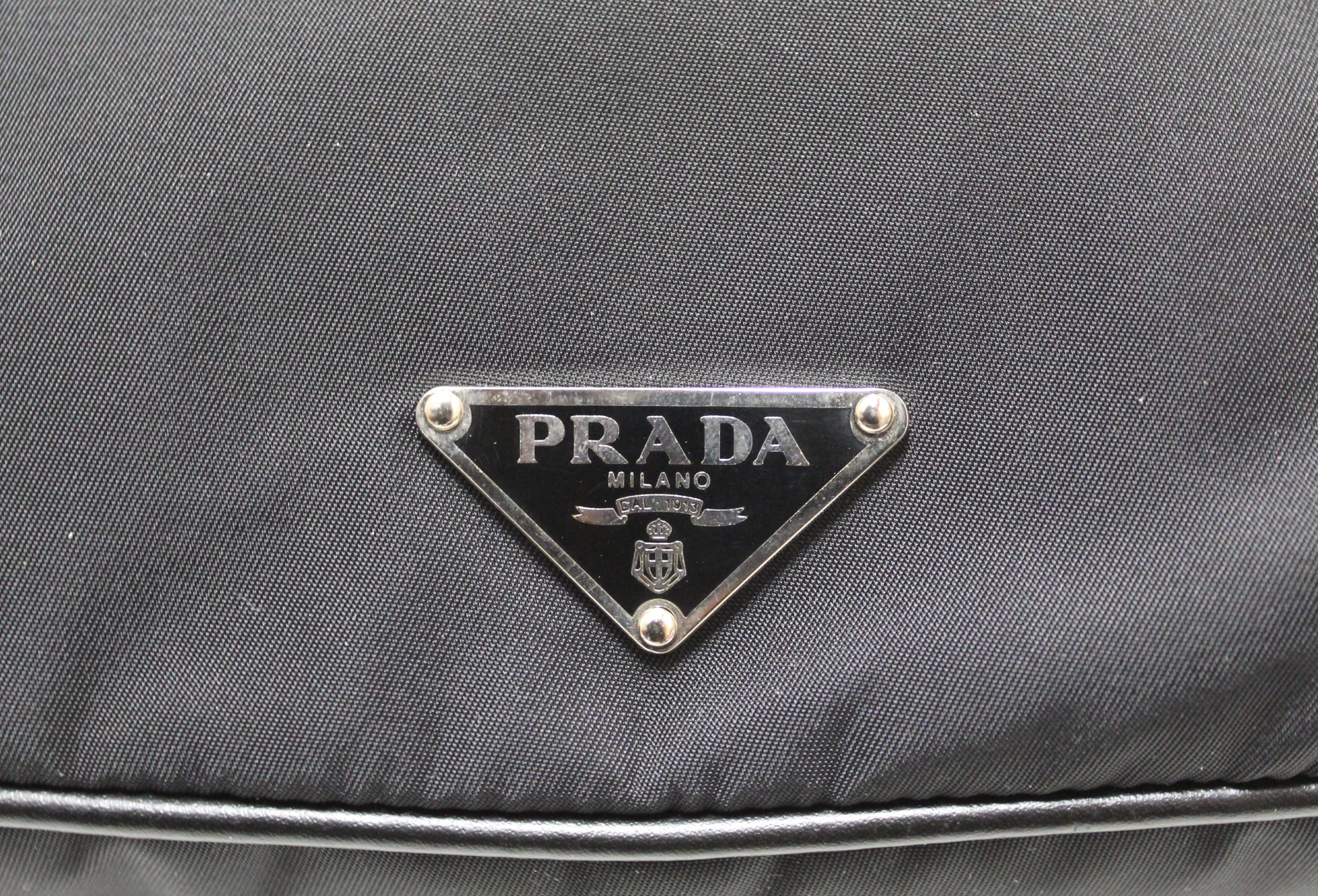 Authentic Prada Black Tessuto Soft Calf Leather And Nylon Mini Hobo Shoulder Bag