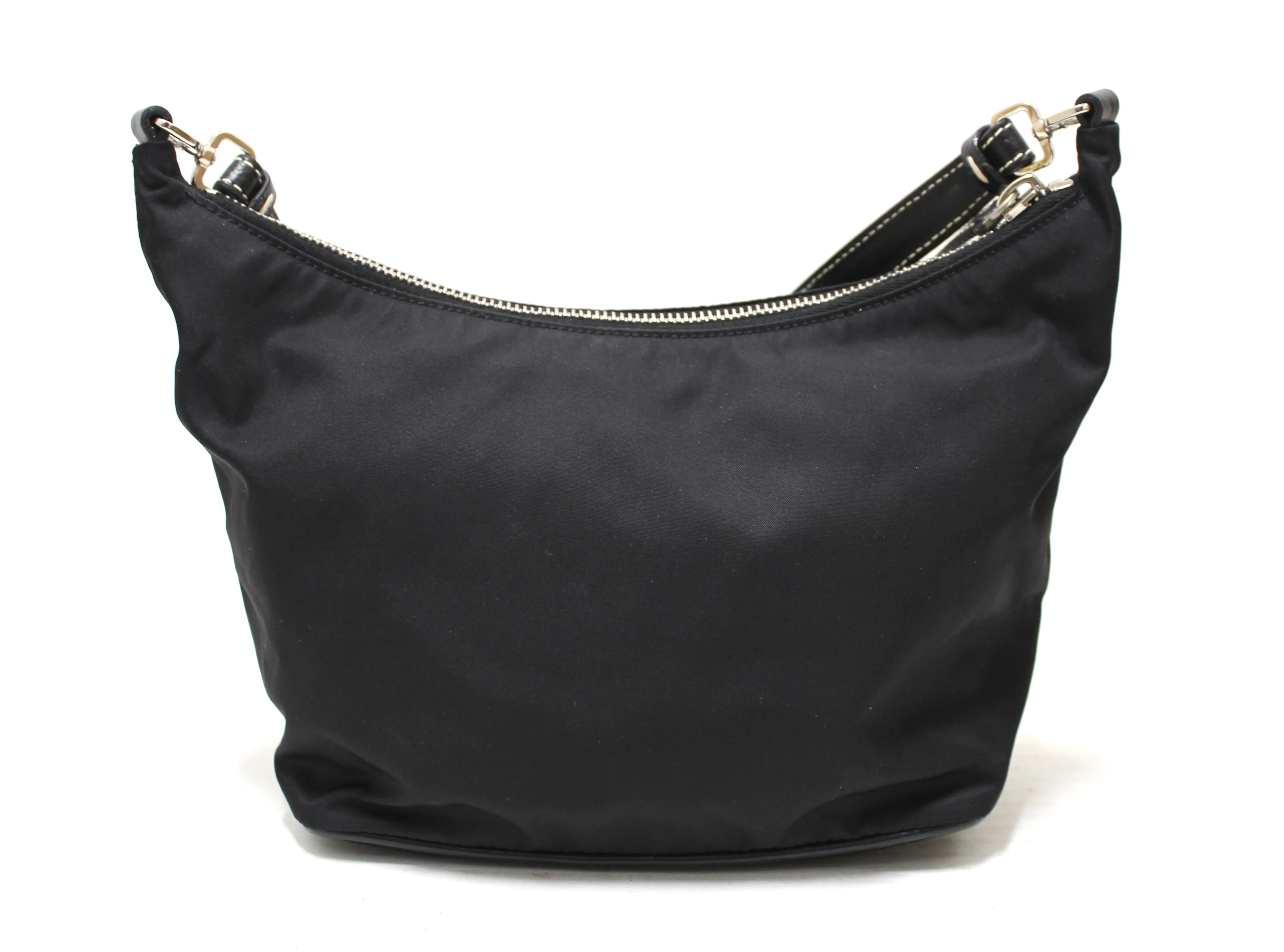 Authentic Prada Black Tessuto Soft Calf Leather And Nylon Mini Hobo Shoulder Bag
