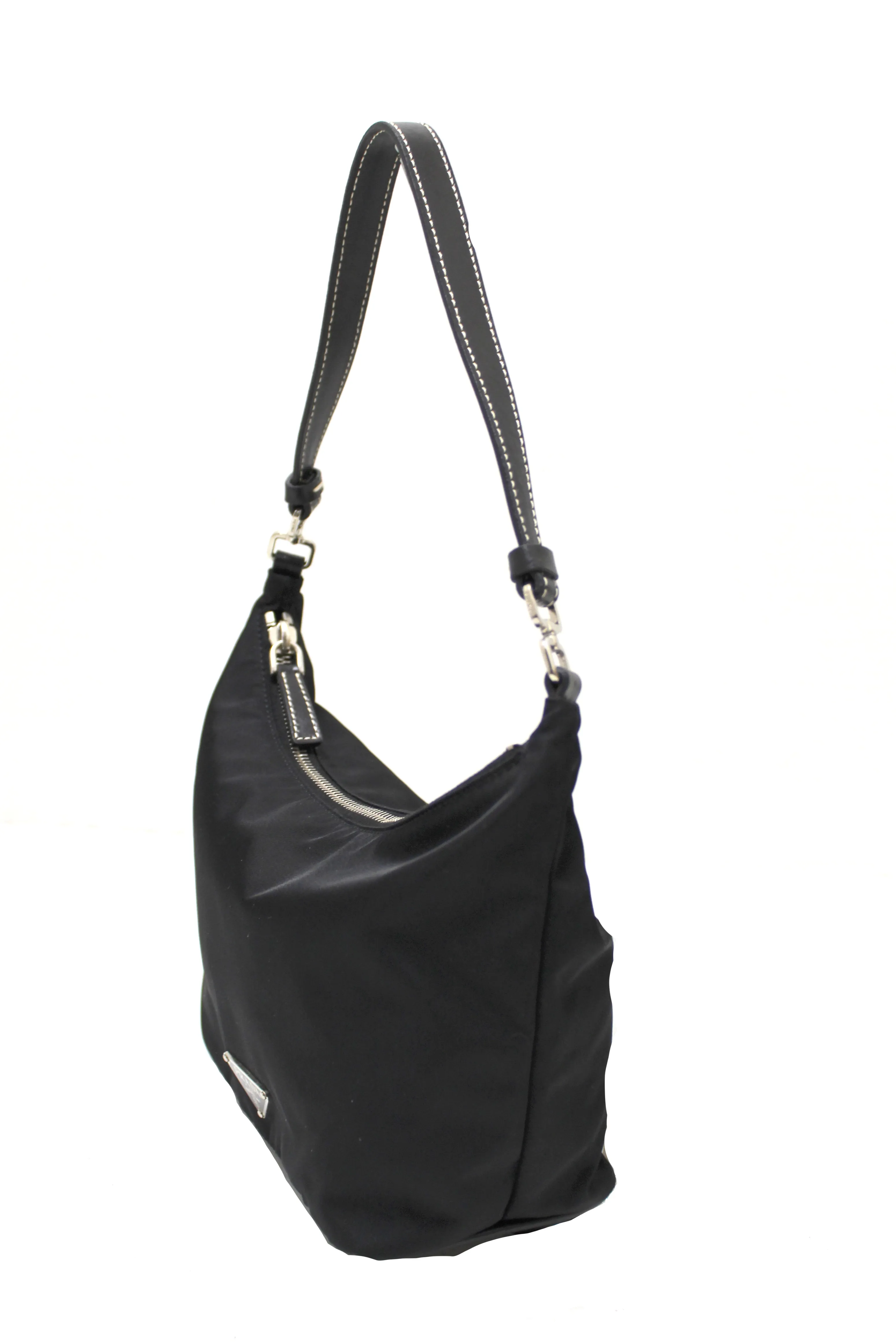 Authentic Prada Black Tessuto Soft Calf Leather And Nylon Mini Hobo Shoulder Bag