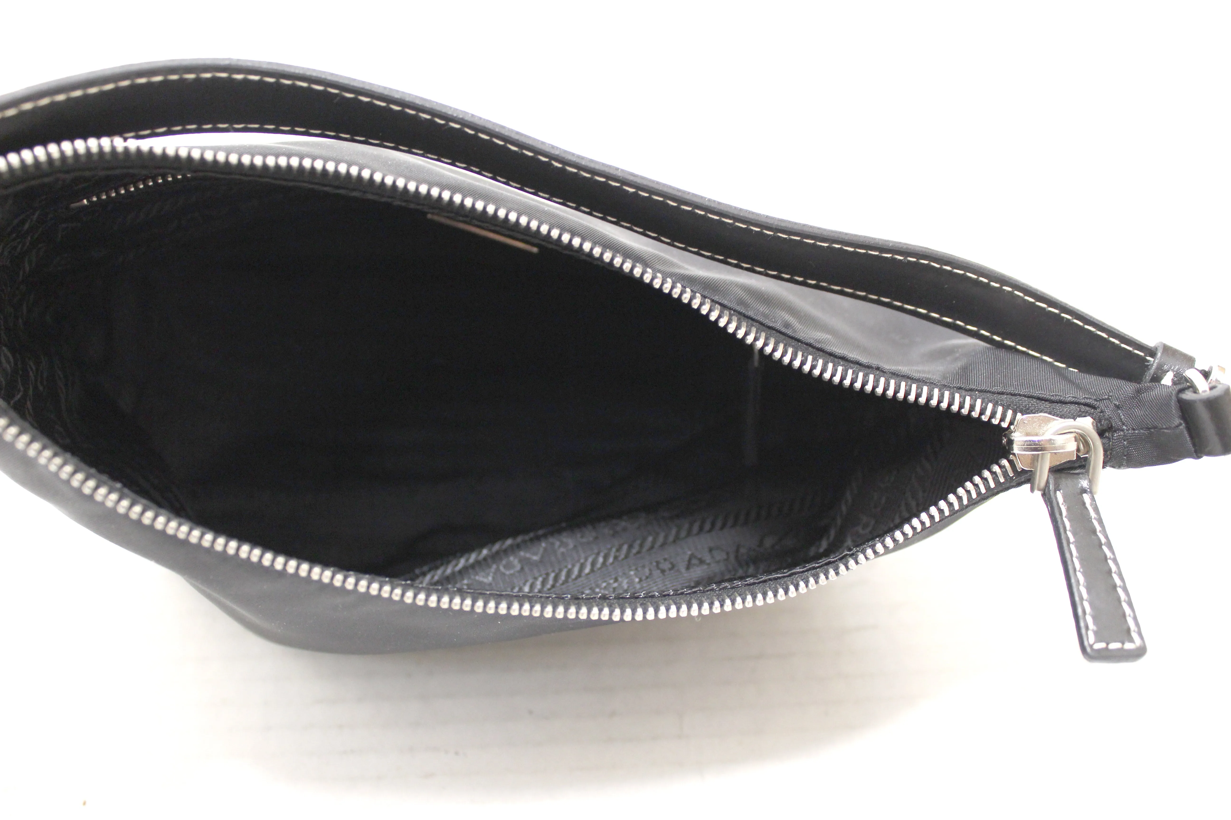 Authentic Prada Black Tessuto Soft Calf Leather And Nylon Mini Hobo Shoulder Bag