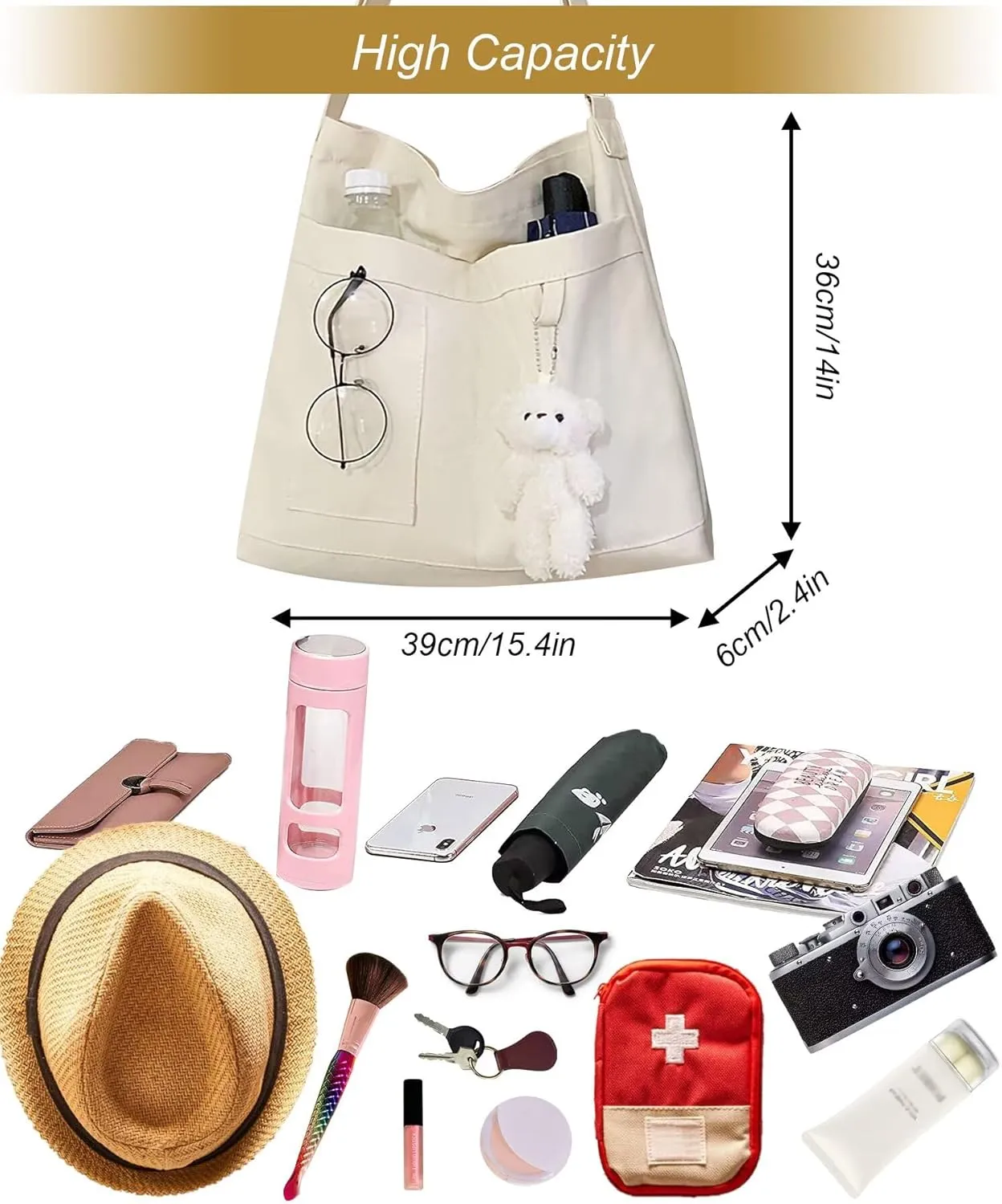 Canvas Cute Tote Bag with Zipper, Reusable Women's Crossbody Shoulder Bag Handbag for Shopping Work Gym