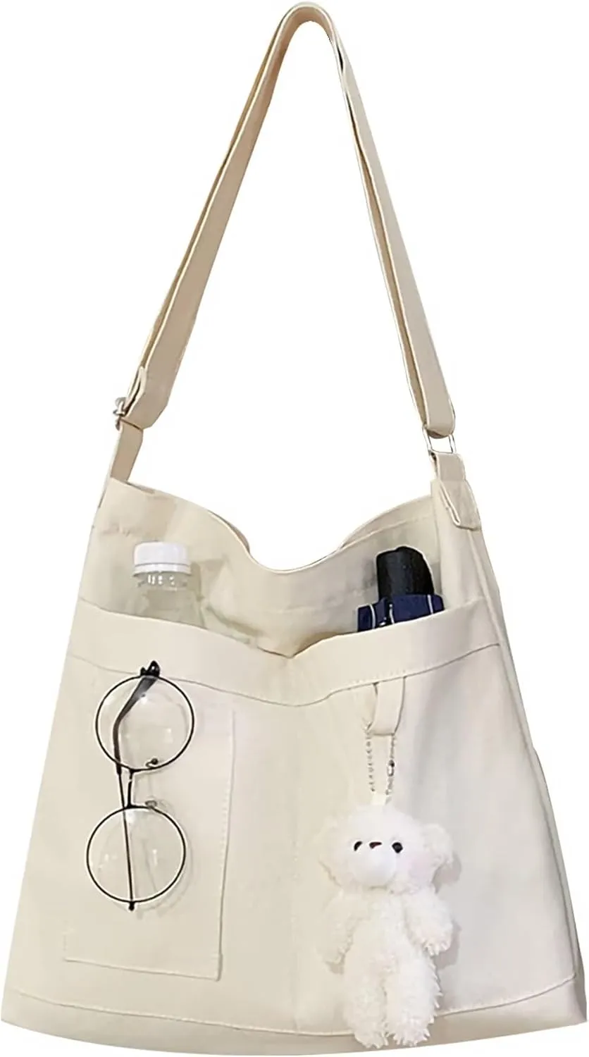 Canvas Cute Tote Bag with Zipper, Reusable Women's Crossbody Shoulder Bag Handbag for Shopping Work Gym
