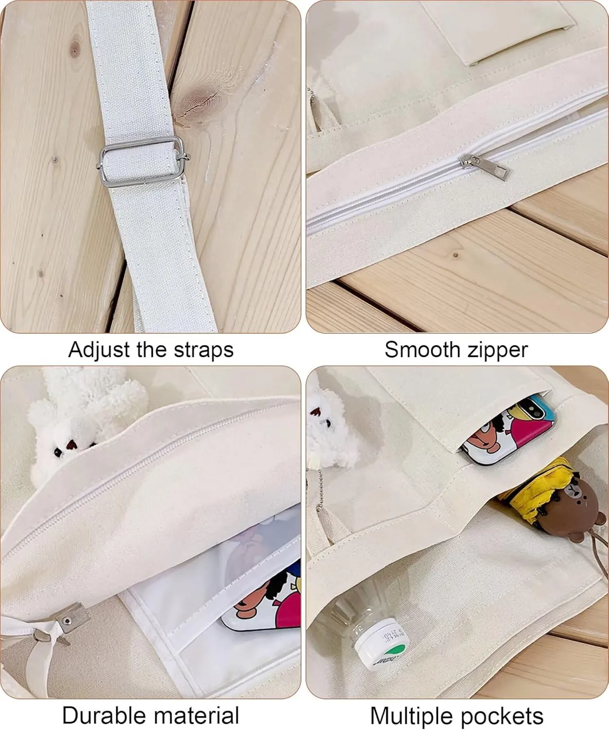Canvas Cute Tote Bag with Zipper, Reusable Women's Crossbody Shoulder Bag Handbag for Shopping Work Gym
