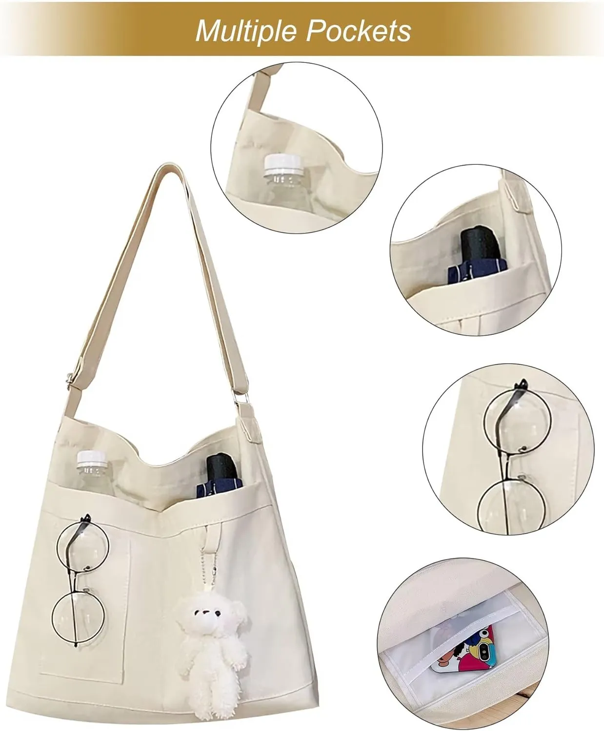 Canvas Cute Tote Bag with Zipper, Reusable Women's Crossbody Shoulder Bag Handbag for Shopping Work Gym