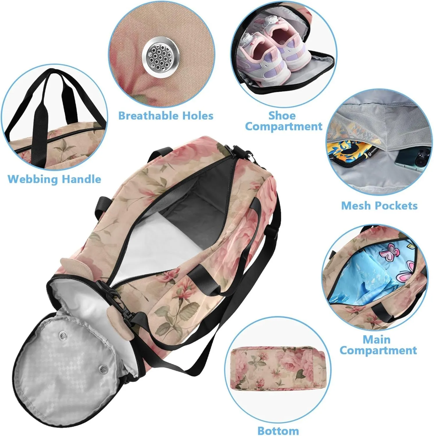 Carry on Duffel for Boys Overnight Bags Toddler Duffle Bags for Traveling Tote Shoe Compartment Vintage Pink Roses Print
