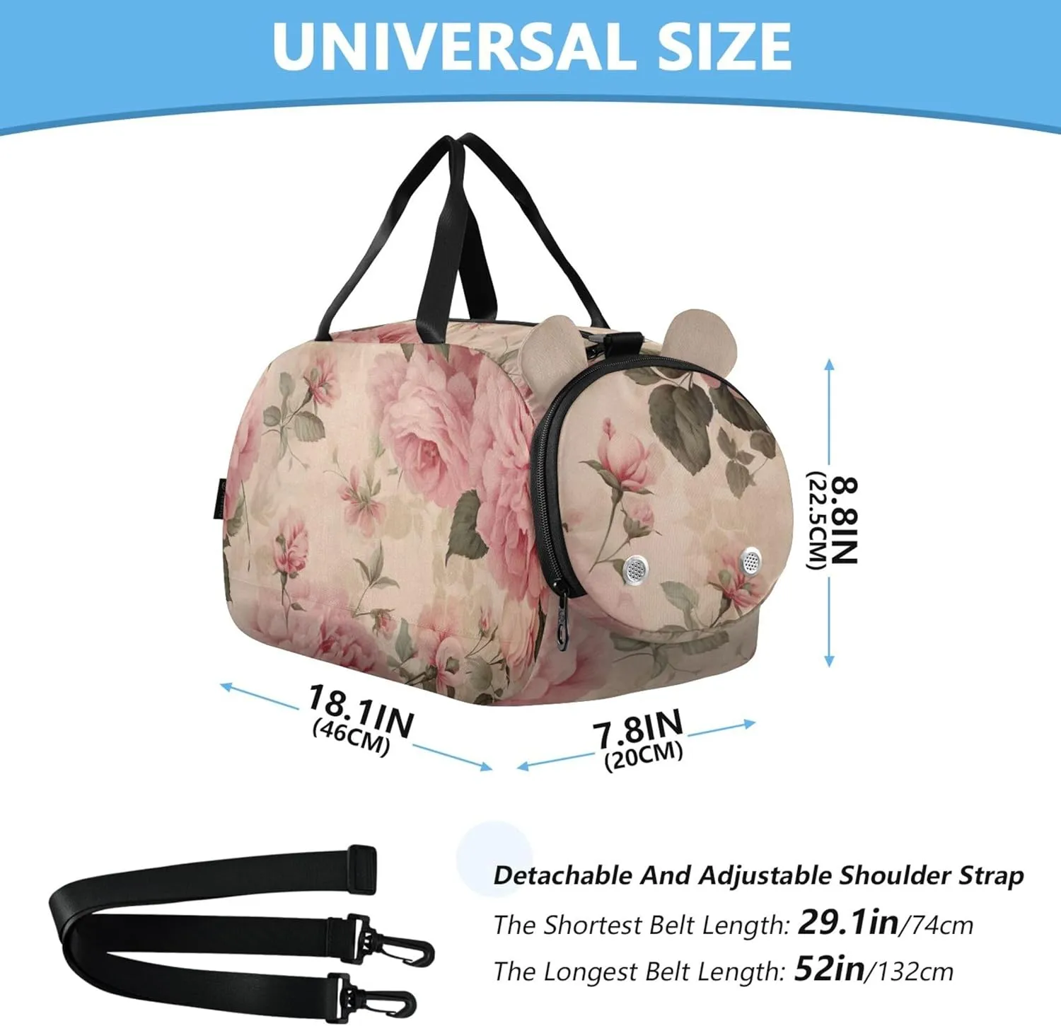 Carry on Duffel for Boys Overnight Bags Toddler Duffle Bags for Traveling Tote Shoe Compartment Vintage Pink Roses Print