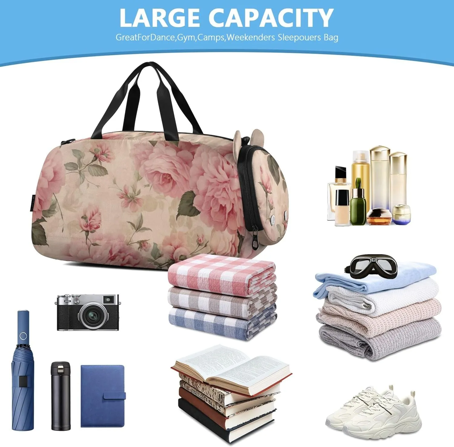 Carry on Duffel for Boys Overnight Bags Toddler Duffle Bags for Traveling Tote Shoe Compartment Vintage Pink Roses Print