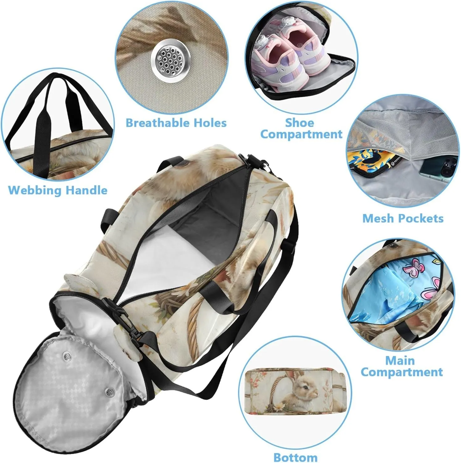 Cute Rabbit Basket Floral Girls Tote Duffle Bags Travel Overnight Bags Toddler Gym Duffle Kids Luggage Carry on Duffel Bag for Boys
