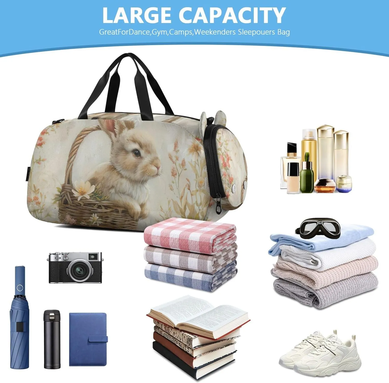 Cute Rabbit Basket Floral Girls Tote Duffle Bags Travel Overnight Bags Toddler Gym Duffle Kids Luggage Carry on Duffel Bag for Boys