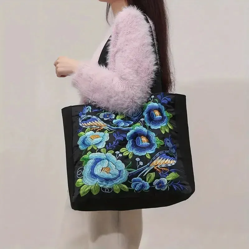 Elegant Flower Embroidery Canvas Tote Shoulder Bag Large Capacity Handbag For Women