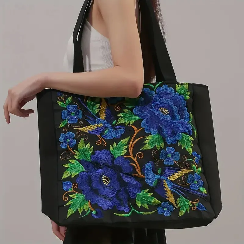 Elegant Flower Embroidery Canvas Tote Shoulder Bag Large Capacity Handbag For Women