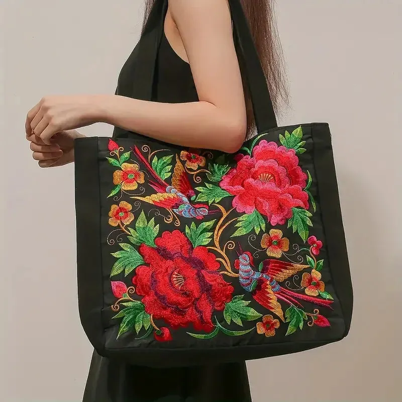 Elegant Flower Embroidery Canvas Tote Shoulder Bag Large Capacity Handbag For Women