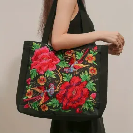 Elegant Flower Embroidery Canvas Tote Shoulder Bag Large Capacity Handbag For Women