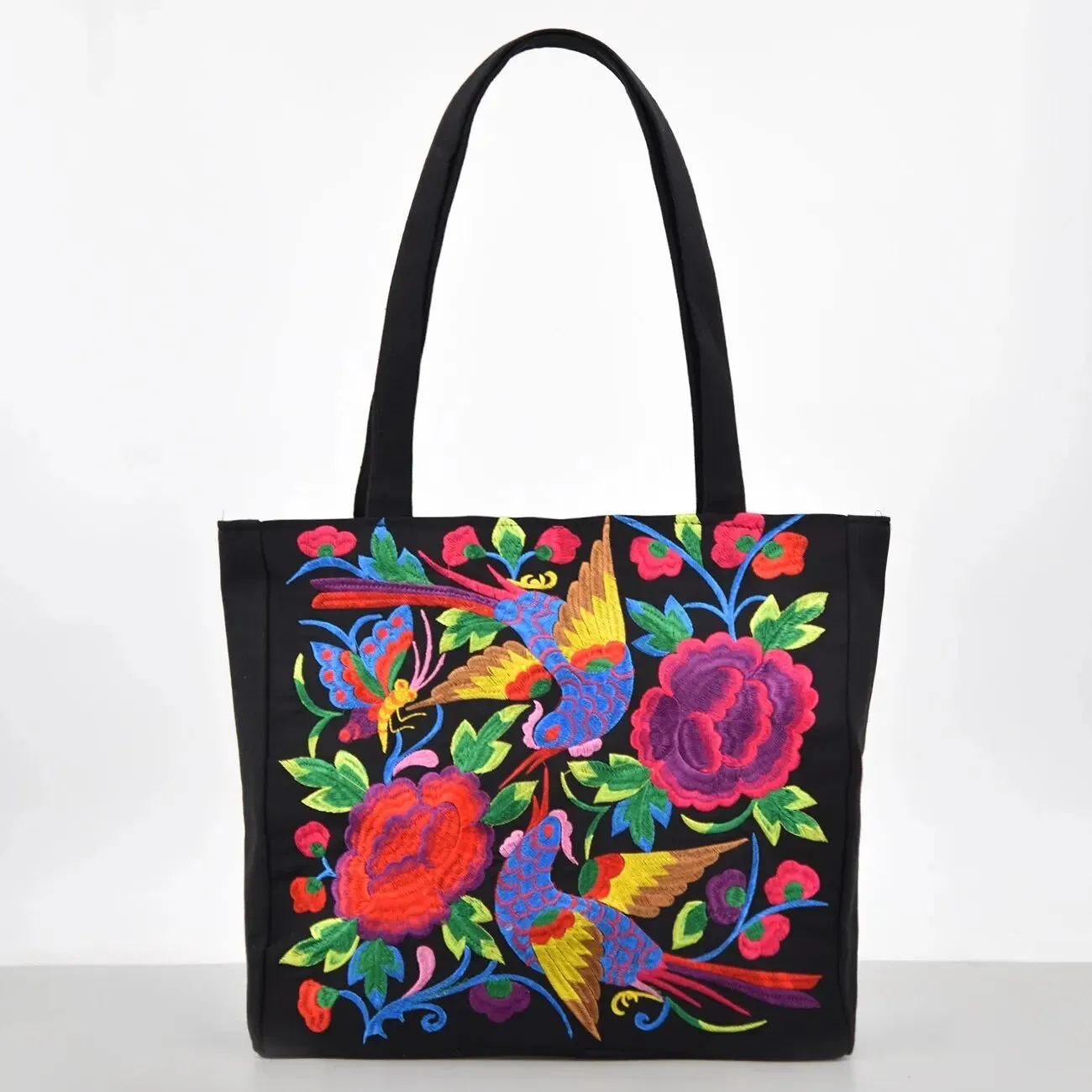 Elegant Flower Embroidery Canvas Tote Shoulder Bag Large Capacity Handbag For Women