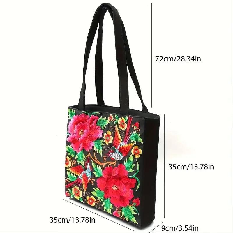 Elegant Flower Embroidery Canvas Tote Shoulder Bag Large Capacity Handbag For Women
