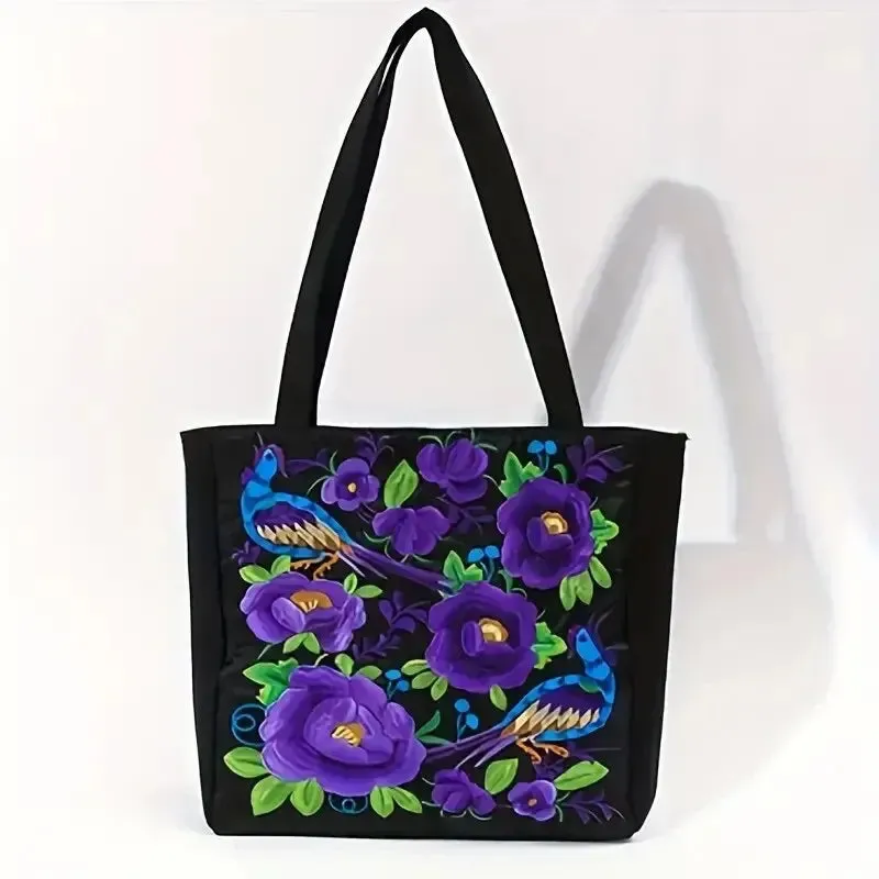 Elegant Flower Embroidery Canvas Tote Shoulder Bag Large Capacity Handbag For Women