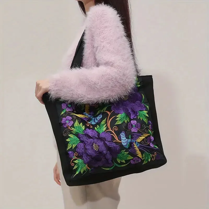 Elegant Flower Embroidery Canvas Tote Shoulder Bag Large Capacity Handbag For Women
