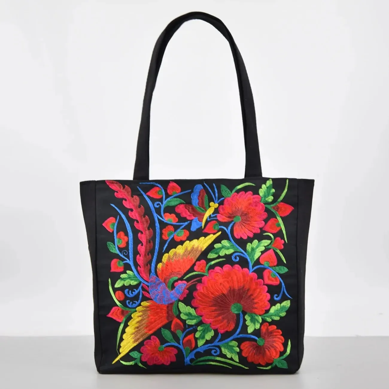 Elegant Flower Embroidery Canvas Tote Shoulder Bag Large Capacity Handbag For Women