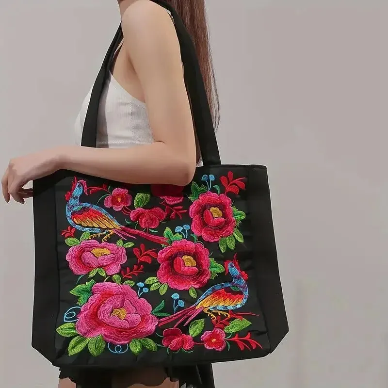 Elegant Flower Embroidery Canvas Tote Shoulder Bag Large Capacity Handbag For Women