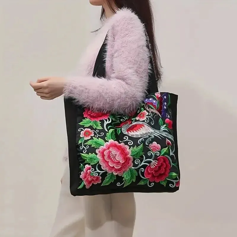 Elegant Flower Embroidery Canvas Tote Shoulder Bag Large Capacity Handbag For Women