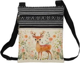 Floral Deer Messenger Bag Small Ethnic Pattern Printed Adjustable Strap Crossbody Zipper Bag Floral Deer Phone Bag Wallet Cute Shoulder Handbag for Women Friends -1