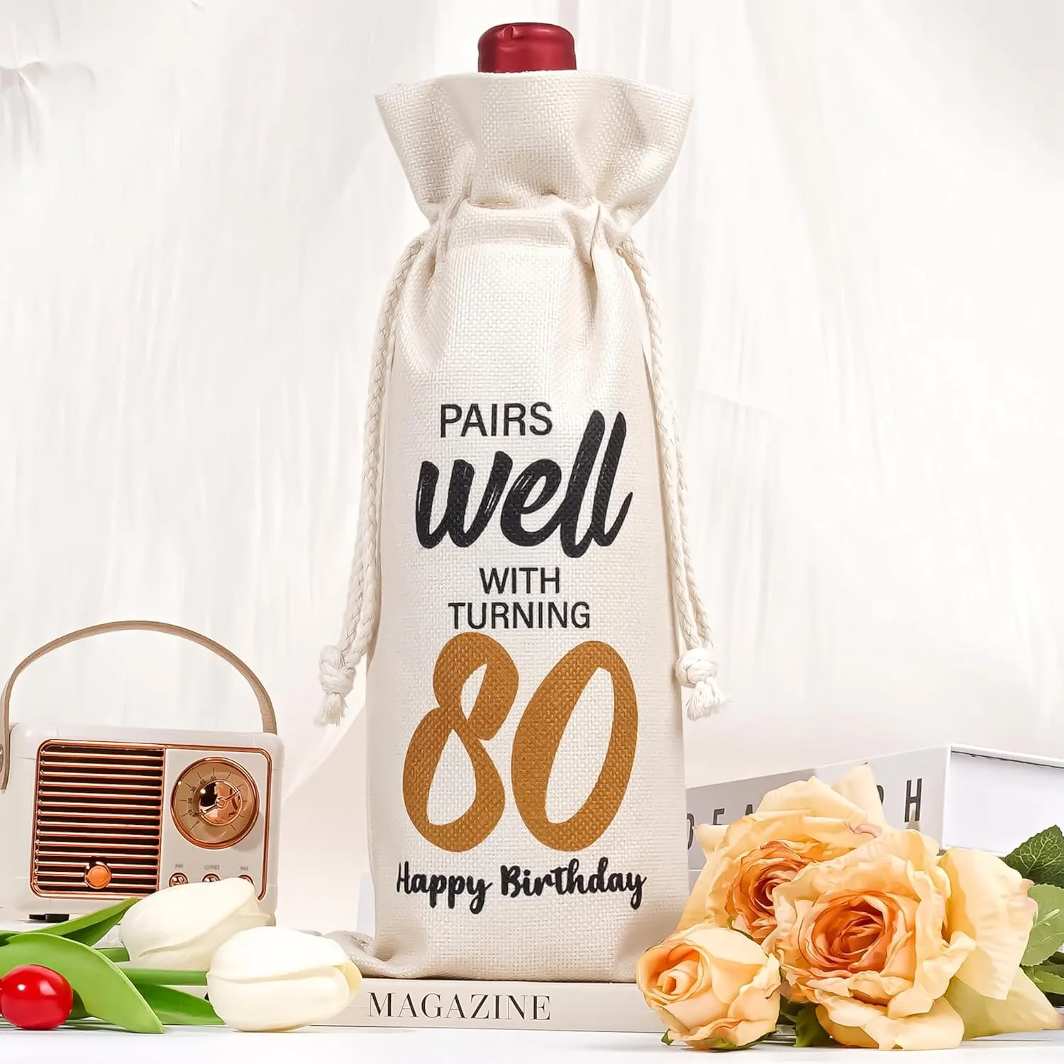 Funny Birthday Wine Bag Gifts - 80th Birthday Gift Ideas, Pairs Well with Celebrating 80 Drawstring Burlap Wine Bottle Bag for Women, Men, Loved Ones, Mom, Dad, Grandpa, Grandma, Friends, Neighbors