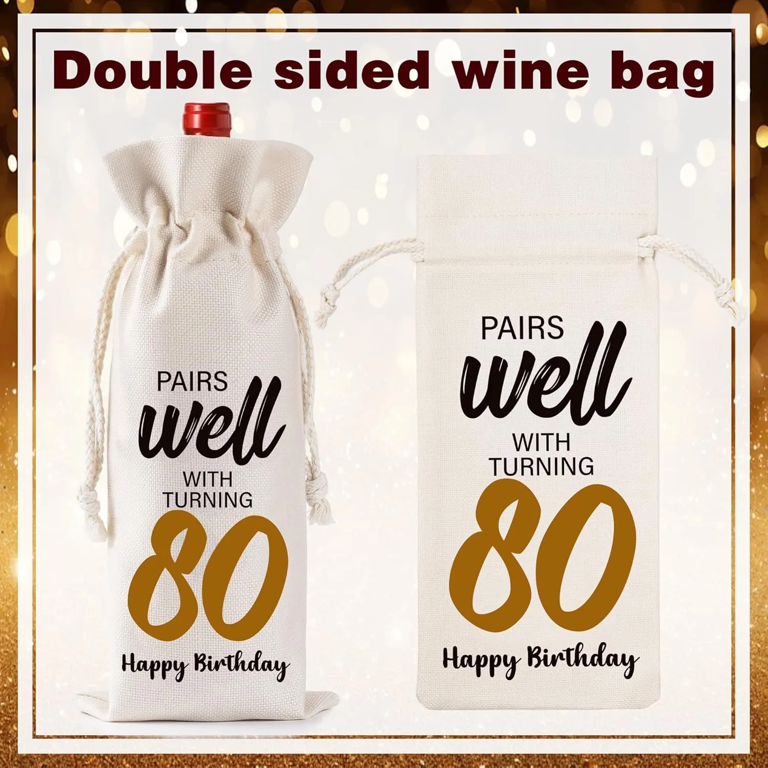 Funny Birthday Wine Bag Gifts - 80th Birthday Gift Ideas, Pairs Well with Celebrating 80 Drawstring Burlap Wine Bottle Bag for Women, Men, Loved Ones, Mom, Dad, Grandpa, Grandma, Friends, Neighbors