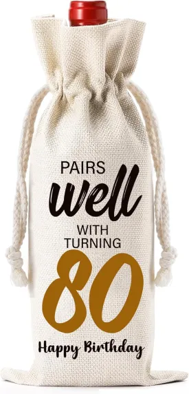 Funny Birthday Wine Bag Gifts - 80th Birthday Gift Ideas, Pairs Well with Celebrating 80 Drawstring Burlap Wine Bottle Bag for Women, Men, Loved Ones, Mom, Dad, Grandpa, Grandma, Friends, Neighbors