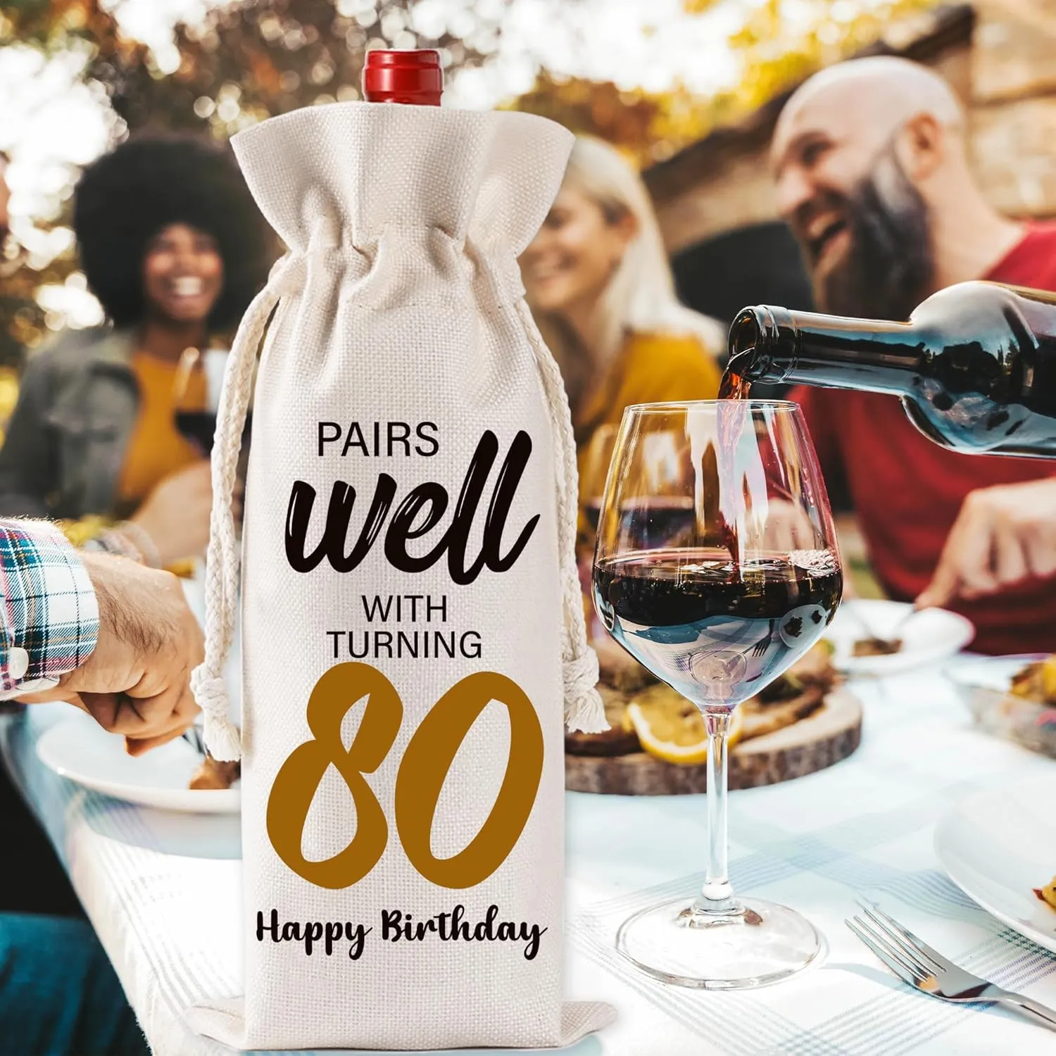 Funny Birthday Wine Bag Gifts - 80th Birthday Gift Ideas, Pairs Well with Celebrating 80 Drawstring Burlap Wine Bottle Bag for Women, Men, Loved Ones, Mom, Dad, Grandpa, Grandma, Friends, Neighbors