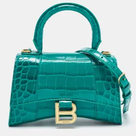 Green Croc Embossed Leather XS Hourglass Top Handle Bag