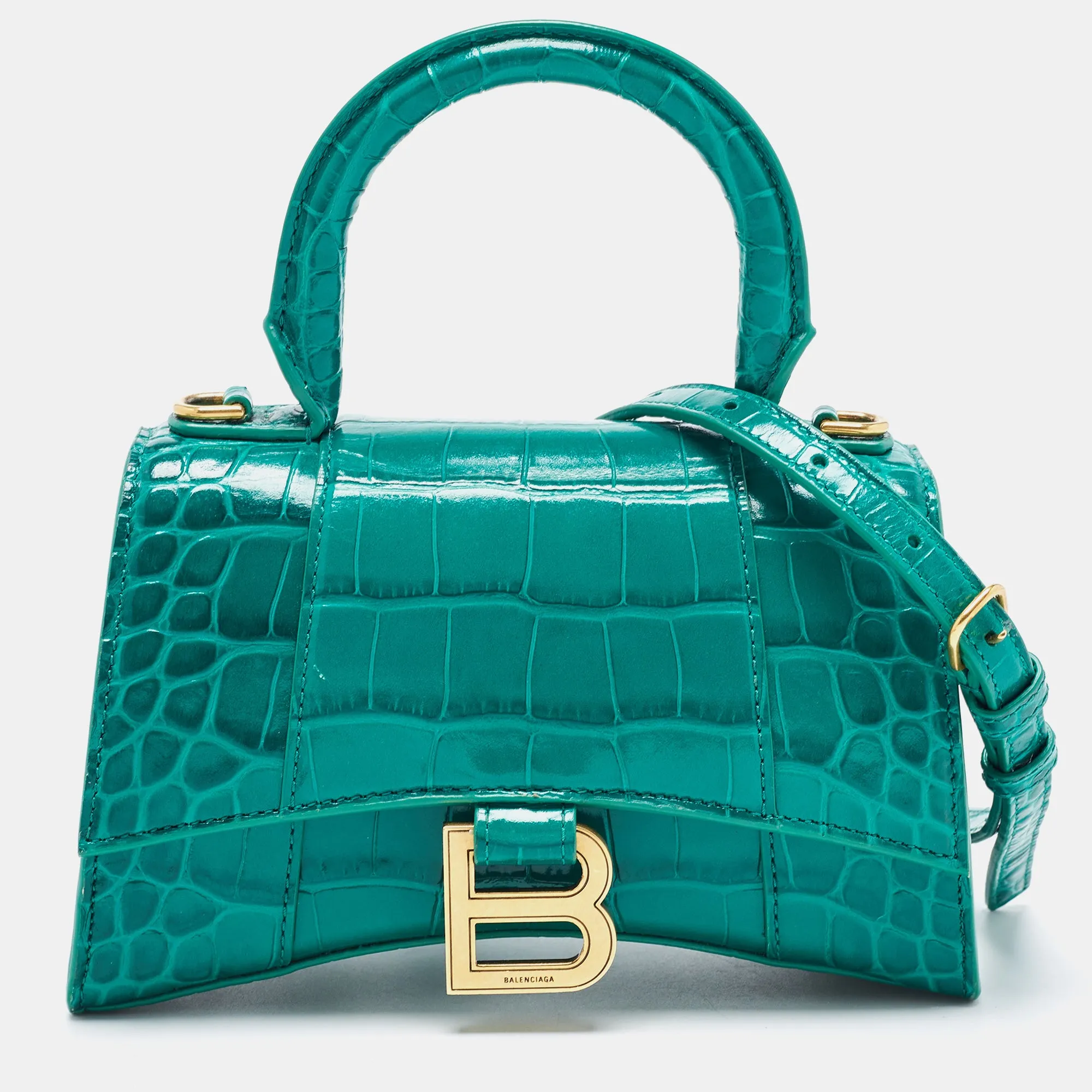 Green Croc Embossed Leather XS Hourglass Top Handle Bag