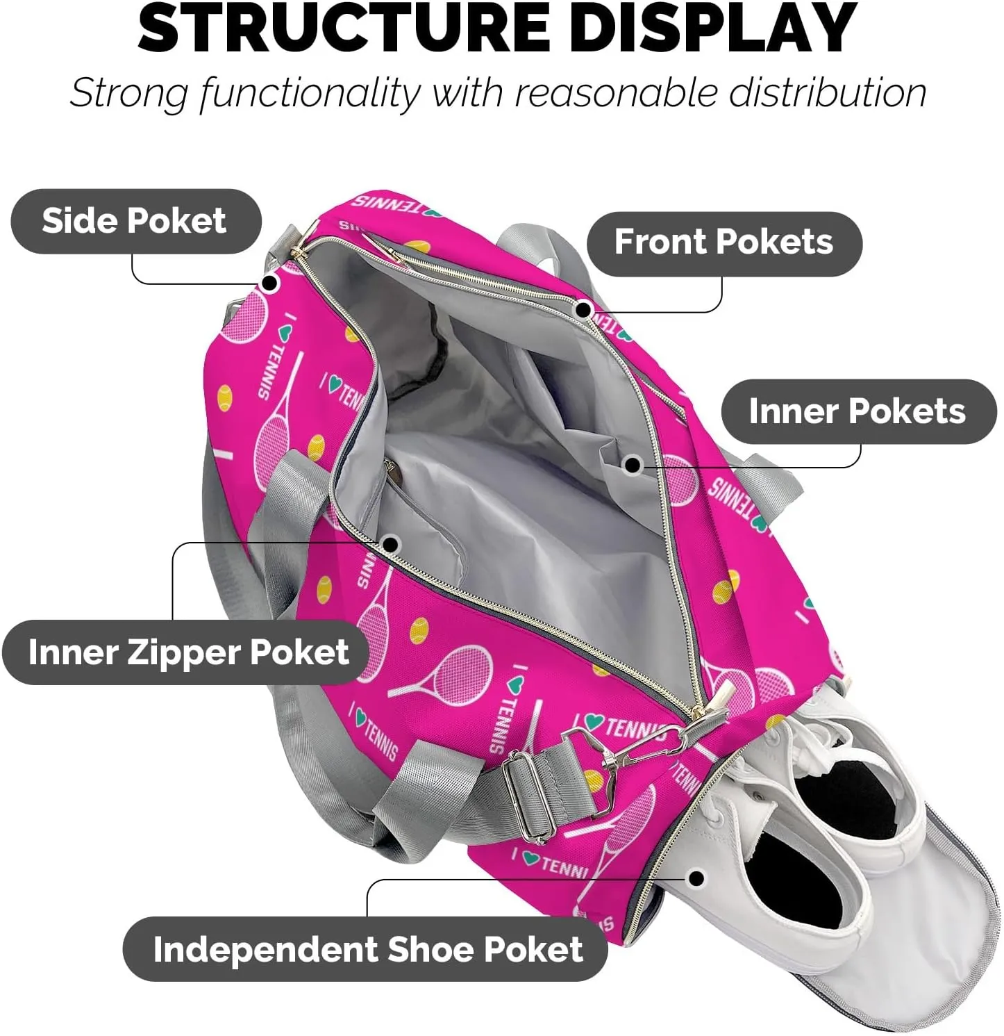 I Love Tennis Pink Personalized Duffel Bag Custom Multi-Function Travel Bag Gym Sports Dance Bags Overnight Carry On Weekend Bag for Women Men