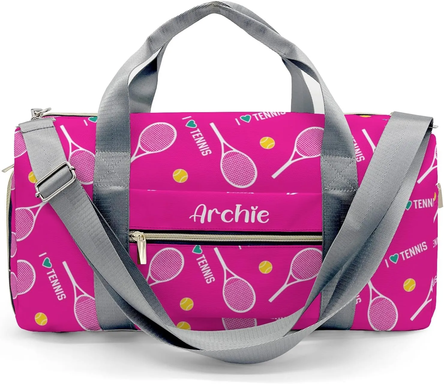I Love Tennis Pink Personalized Duffel Bag Custom Multi-Function Travel Bag Gym Sports Dance Bags Overnight Carry On Weekend Bag for Women Men