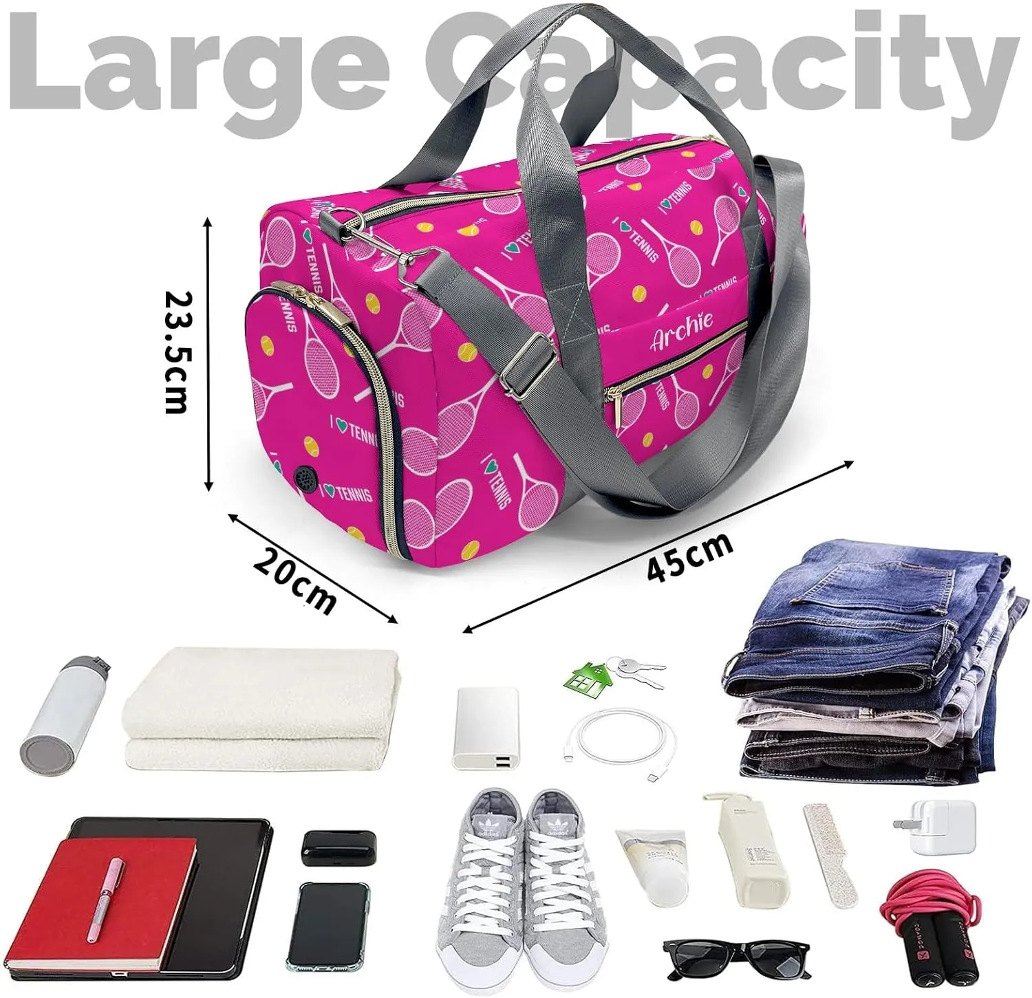 I Love Tennis Pink Personalized Duffel Bag Custom Multi-Function Travel Bag Gym Sports Dance Bags Overnight Carry On Weekend Bag for Women Men