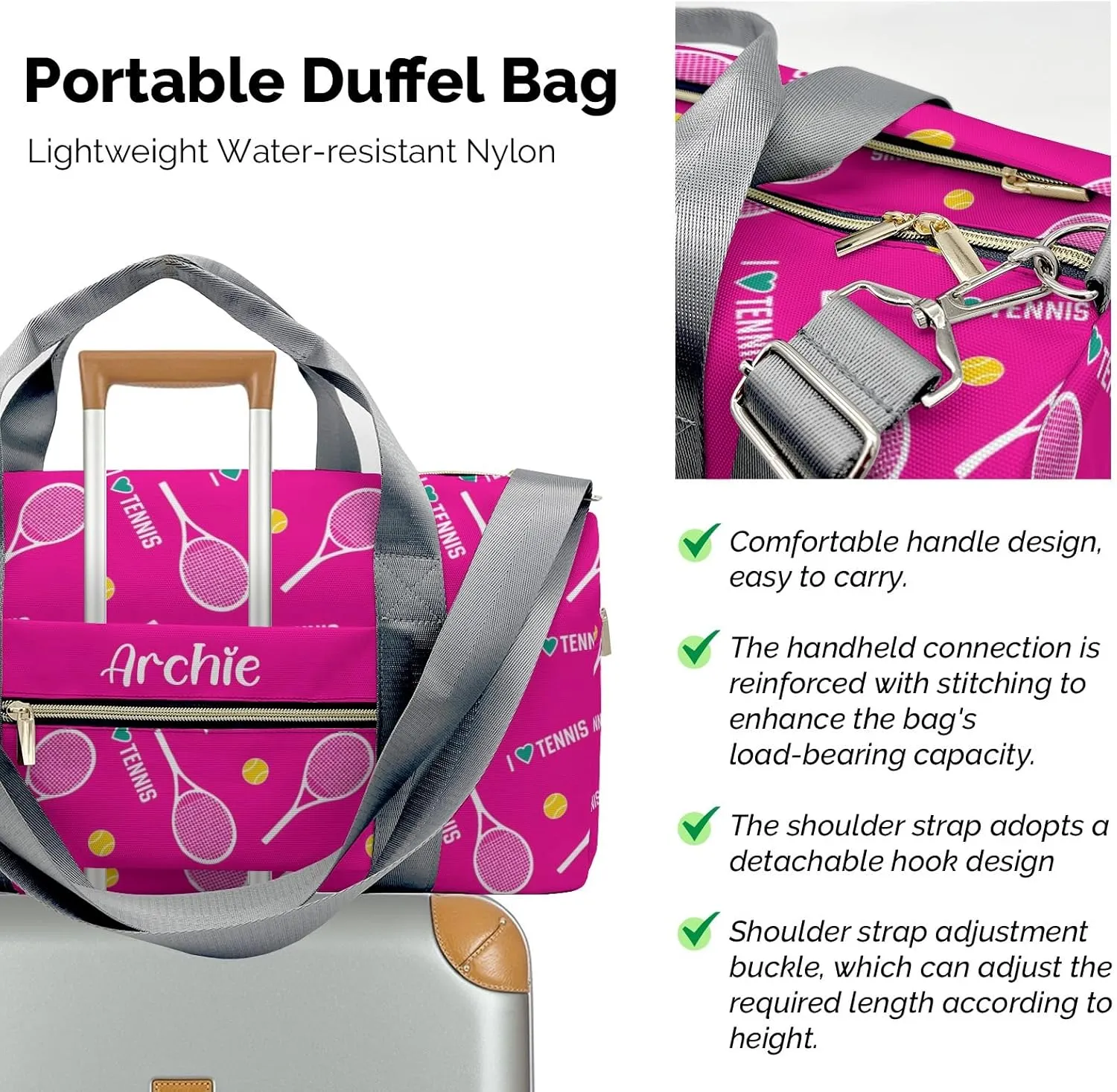 I Love Tennis Pink Personalized Duffel Bag Custom Multi-Function Travel Bag Gym Sports Dance Bags Overnight Carry On Weekend Bag for Women Men