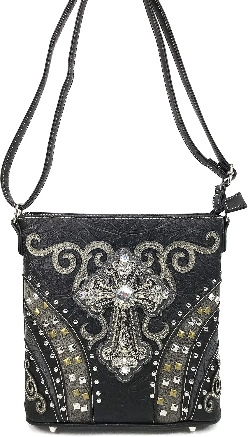 Justin West Clydesdale Tooled Leather Metal Stud Cross Conceal Carry Women Handbag Purse