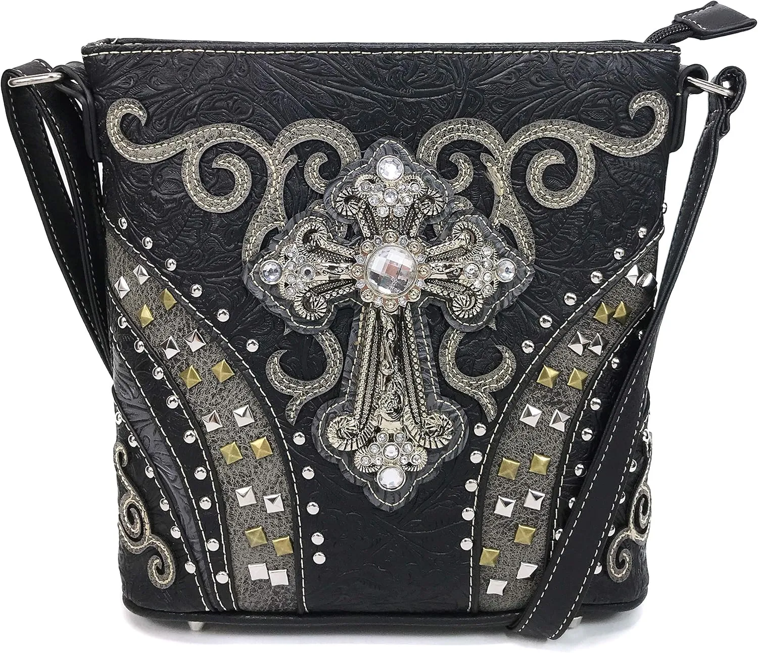 Justin West Clydesdale Tooled Leather Metal Stud Cross Conceal Carry Women Handbag Purse