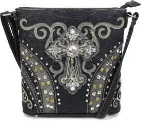 Justin West Clydesdale Tooled Leather Metal Stud Cross Conceal Carry Women Handbag Purse