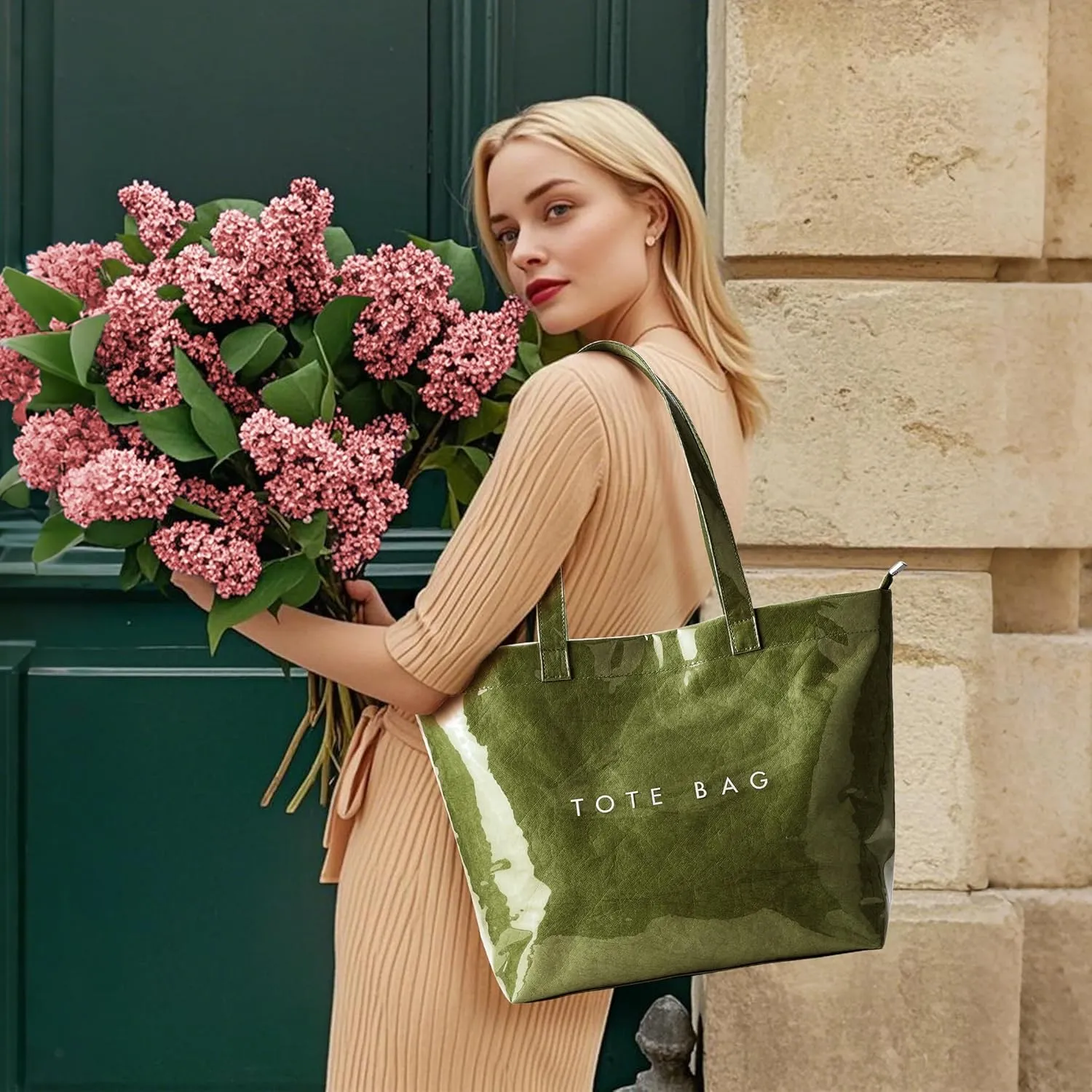 KALIDI PVC Zipper Tote Bag, Kraft Paper Beach Bag Large Hobo Carry All Travel Shopping Handbag Plastic Shoulder Bag