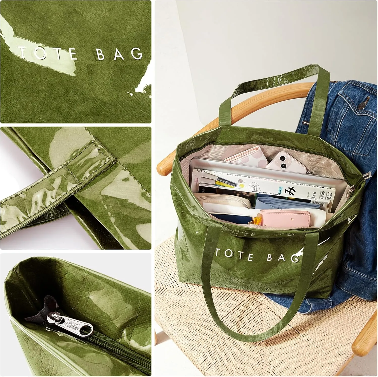 KALIDI PVC Zipper Tote Bag, Kraft Paper Beach Bag Large Hobo Carry All Travel Shopping Handbag Plastic Shoulder Bag