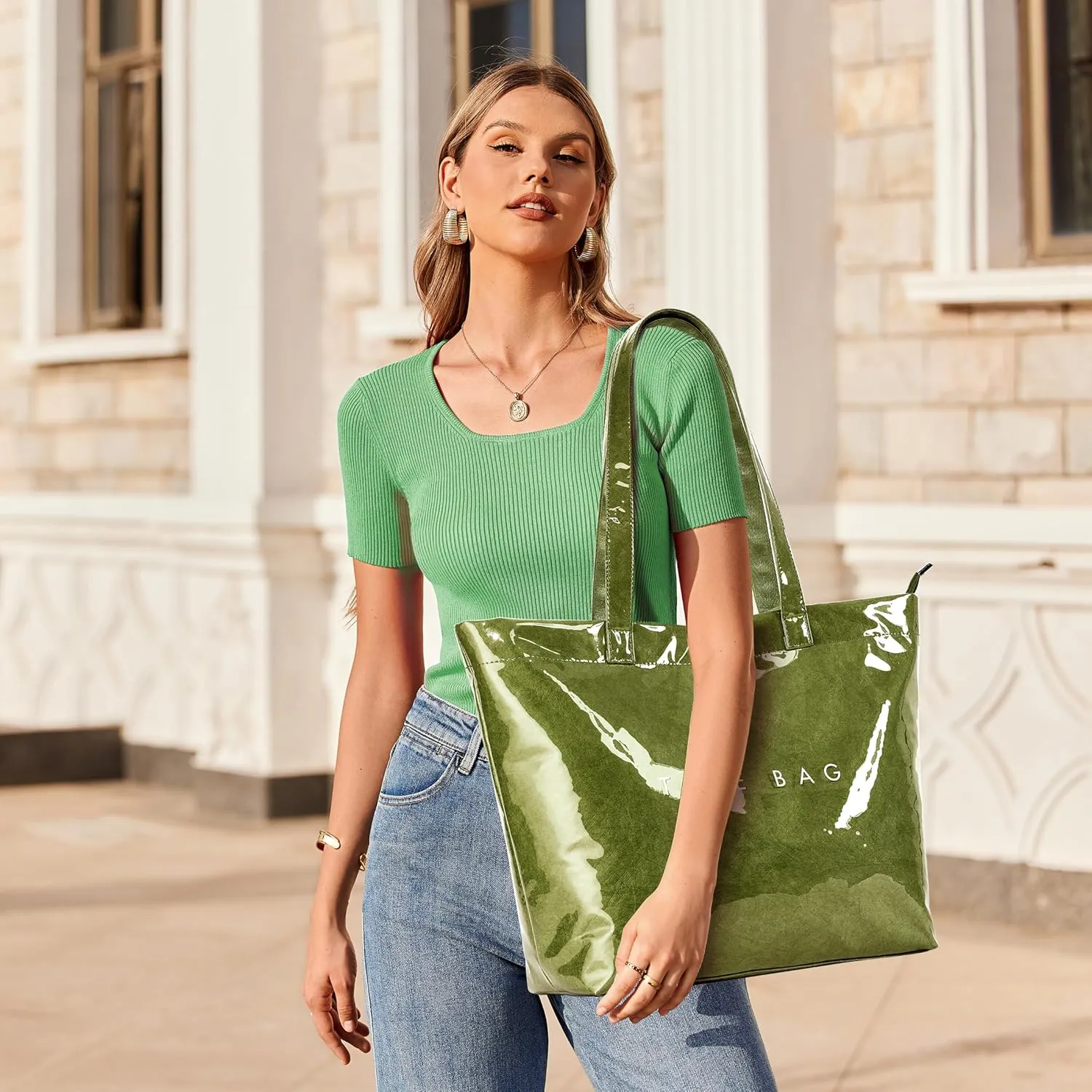 KALIDI PVC Zipper Tote Bag, Kraft Paper Beach Bag Large Hobo Carry All Travel Shopping Handbag Plastic Shoulder Bag