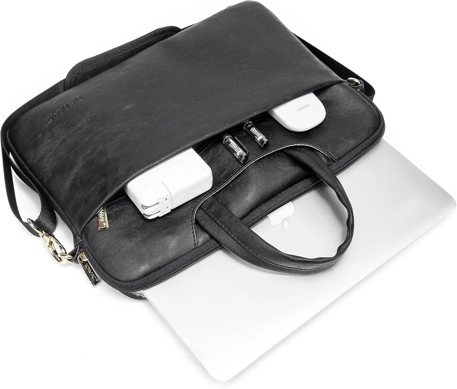 Kinmac 360 Protective Waterproof PU Leather Laptop Shoulder Messenger Sleeve Briefcase case Bag (13 inch-14 inch, Black PU)