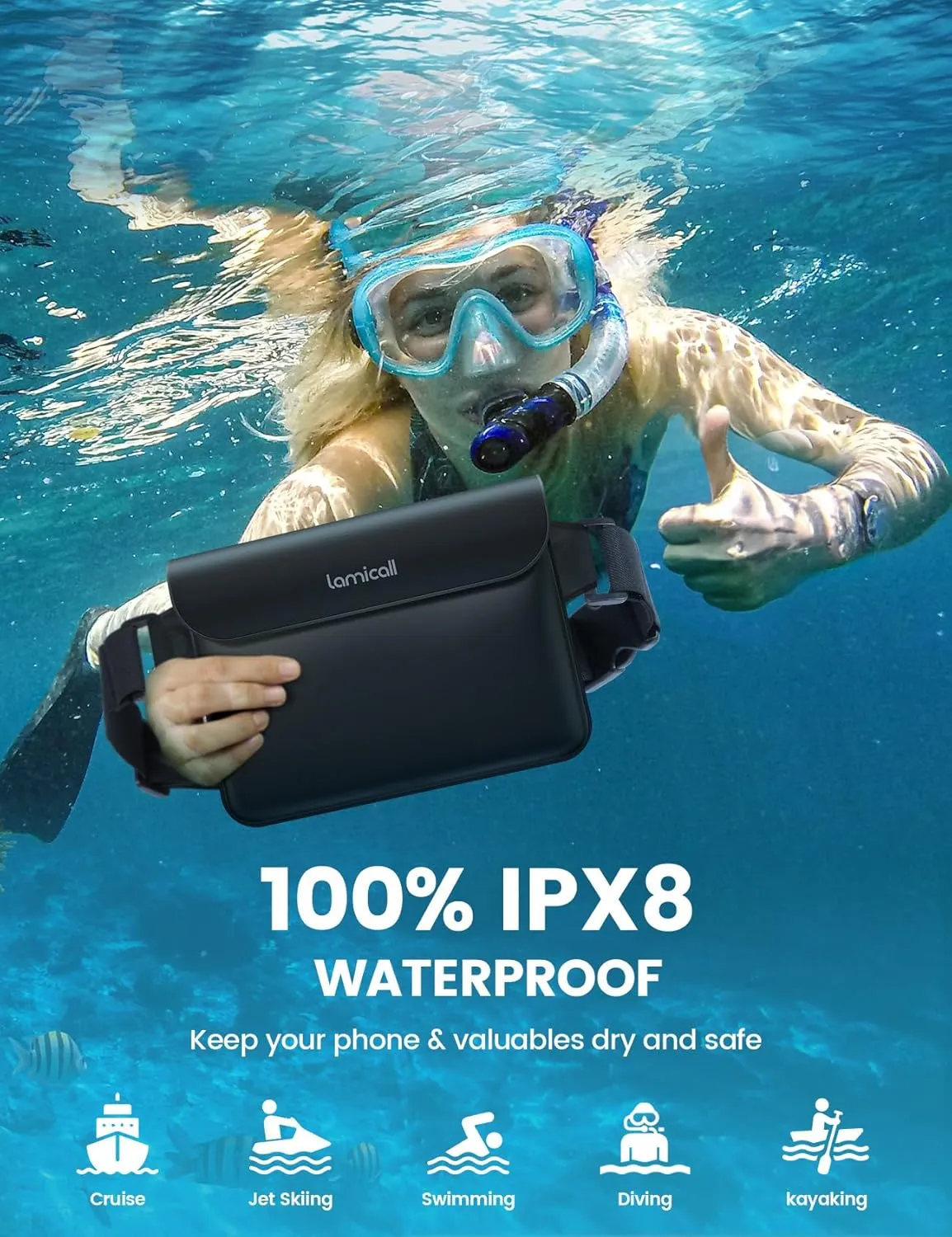 Lamicall [2Pack Waterproof Fanny Packs, Dry Bag Pouch - [Elastic Waist Strap] Phone Waterproof Waist Pouch Dry Bag, Beach, Kayaking, Swimming, Cruise Essentials, 8.7 for iPhone 16 15 14 13 Pro Max