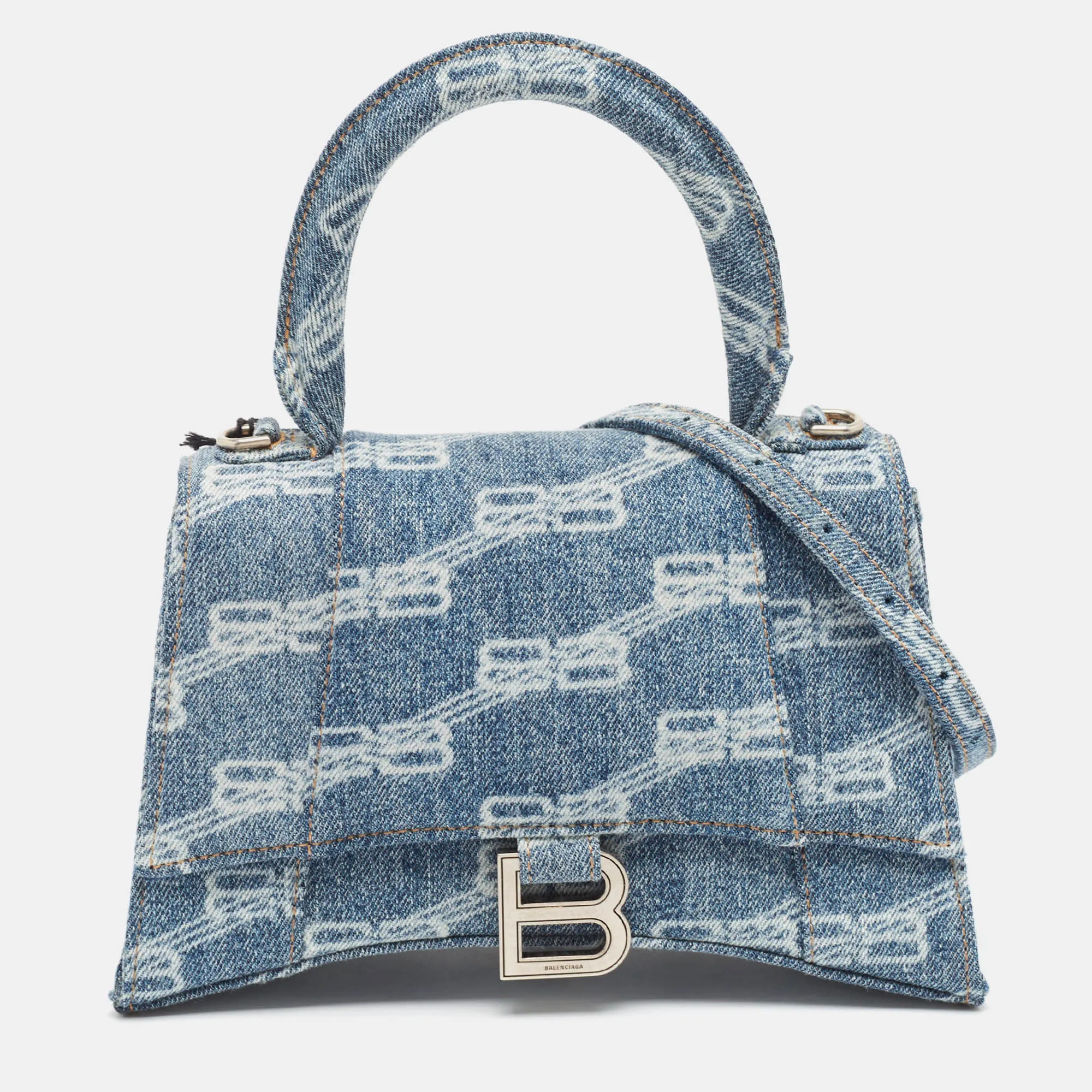 Light Blue BB Monogram Denim Small Hourglass Top Handle Bag